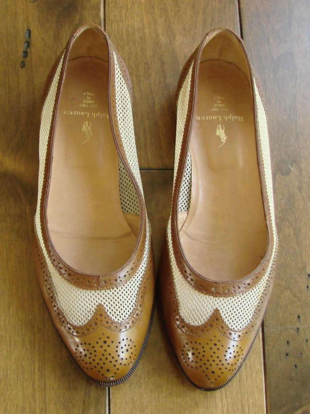 Ralph Lauren Leather Ballet Flat Brown Cream Mesh Flats Loafers Wingtip Size 6.5 - Picture 2 of 15